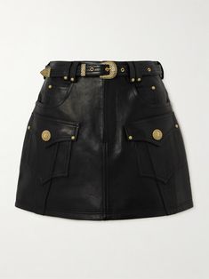 Shop BALMAIN Belted embellished leather mini skirt, Explore the latest BALMAIN women's collection today on NET A PORTER Balmain Clothing, Business Skirt, Miniskirt Outfits, Leather Mini Skirt, Black Leather Skirts, Tumblr Fashion, Curved Back, Black Mini Skirt, Fashion Design Clothes