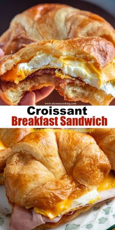 this is an easy breakfast sandwich made with croissants and ham in the middle