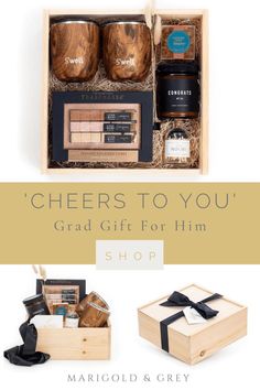 gifts for him and her in wooden boxes with text that reads cheers to you grab gift for him shop