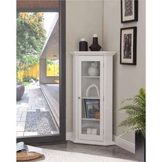 a white corner cabinet with glass doors on the front and side, in a living room