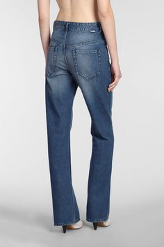 Belvira Jeans in blue denim, flap closure, belt loops, five pockets, rear logo label, sandblasted, straight leg, 100% cotton, Made in Tunisia, Model is 180 cm and wears 36 | Isabel Marant Étoile Women's Belvira Jeans in Blue Denim | FW23/24 Straight Denim Blue Jeans With Belt Loops, Medium Wash Straight Fit Jeans With Belt Loops, Denim Label, Isabel Marant Etoile, Logo Label, Tunisia, Luxury Retail, Casual Wardrobe, Luxury Boutique