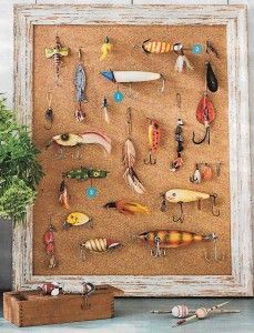 an old frame is filled with fishing lures