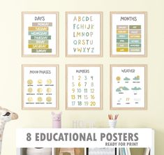 the 8 educational posters are hanging on the wall next to a toy giraffe