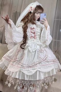 White [Pure Love Story] Hanayome Bowknot Stitching Ji Sleeves Sweet L – LolitaInside Feminine White Patchwork Dress, White Feminine Patchwork Dress, White Patchwork Feminine Dress, White Patchwork Party Dress, White Knee-length Patchwork Dress, White Patchwork Knee-length Dress, Feminine White Dress With Bow, Sweet White Dress With Ruffles, Cute Wedding Dresses With Lace Patchwork