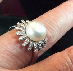 Beautiful Natural Pearl and Diamond Diamanté Sterling Silver Ring, adjustable Adjustable Formal Pearl Ring, Adjustable Pearl Ring For Formal Occasions, Adjustable Halo Setting Jewelry For Formal Occasions, Pearl And Diamond Ring, Natural Pearl, Nov 1, Natural Pearls, Rings Statement, Sterling Silber