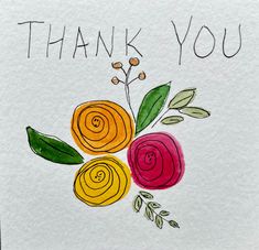 a thank card with watercolor flowers on it and the words'thank you'written in