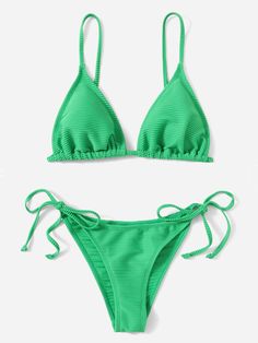 Summer Beach Ribbed Bikini Set Tie Back Triangle Bra Top & Tie Side Bikini Bottom 2 Piece Bathing Suit Green Casual   Fabric Plain  High Stretch  Women Clothing, size features are:Bust: ,Length: ,Sleeve Length: Triangle Bra, Womens Bathing Suits, Beachwear For Women, Swim Suit, Bra Tops, Fashion Online Shop, Women Swimsuits, Womens Swim, Bathing Suits