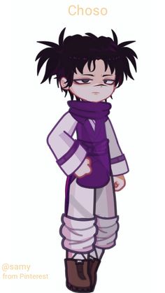 an anime character with black hair and purple clothes, holding his hands on his hips