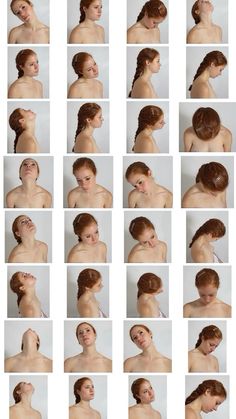 many different pictures of the same woman's head and shoulders, all in various positions