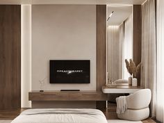 a bedroom with a large flat screen tv mounted on the wall