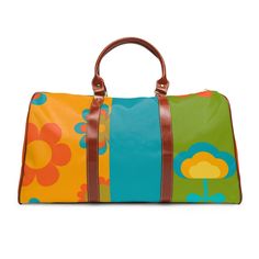 "Retro Flower Power, Mod Daisy, Scandinavian Flowers, Orange, Green, Teal Hippie, Hipster Mid Mod Waterproof Travel Bag. This personalized travel bag is all about style. Made with high-grade waterproof fabric, it's a highly durable means of transferring your essentials wherever you go. With multiple compartments, a resilient carrying handle, and an adjustable shoulder strap, it's the perfect companion for all your adventures. It's about time to hit the road. Travel in style. This bag also makes Scandinavian Flowers, Personalized Travel Bag, Road Travel, Retro Phone Case, Modern Blankets, Flowers Orange, Waterproof Travel Bag, Retro Phone, Mid Mod