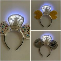 three pictures of mickey mouse ears with light up ears and headbands on them