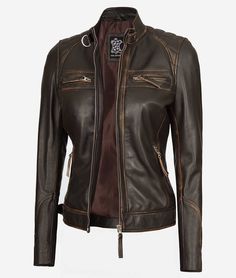 Womens Distressed Brown Moto Leather Jacket | 100% Real Leather In Canada Peplum Leather Jacket, Asymmetrical Leather Jacket, Dark Brown Leather Jacket, Moto Leather Jacket, Cafe Racer Leather Jacket, Varsity Jacket Women, Motorcycle Jacket Women, Distressed Leather Jacket, Black Leather Moto Jacket