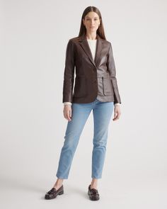 Introducing the ultimate statement piece - our sleek and stylish Leather Blazer. Crafted from the finest, 100% top grain sheep leather, this blazer is the epitome of luxury and sophistication. With its classic cut and timeless design, it's the perfect choice for any occasion, from a casual night out to a formal event. Meet the best way to elevate your style and add a touch of luxury to your wardrobe. Read more about what makes our leather special in our Leather 101 guide.  | Quince | Women's Bla Fitted Outerwear With Leather Lining For Office, Fitted Timeless Leather Jacket, Timeless Fitted Leather Jacket, Fall Workwear Blazer With Leather Lining, Classic Fitted Blazer With Leather Lining, Timeless Fitted Leather Blazer, Modern Fitted Leather Jacket For Business Casual, Leather Blazer Women, Best Blazer