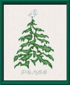 a cross stitch christmas tree with the word peace written in white and green on it