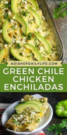 green chile chicken enchiladas in a casserole dish with avocados