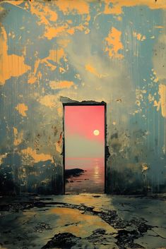 an open door leading to the ocean with a pink sunset in the sky and clouds