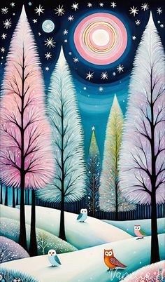 an owl painting with trees and stars in the night sky, on a snow covered ground