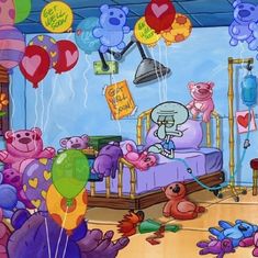 there are many teddy bears in the room with balloons and decorations on the wall above the bed