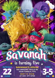 a poster for the movie's upcoming show savanah is turning five, featuring cartoon characters