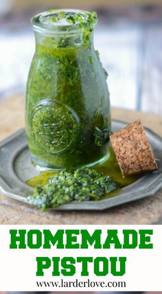 homemade pesto in a glass jar on a plate