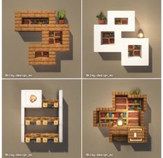 four different views of a shelf made out of lego blocks and shelves with bookshelves