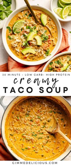 creamy taco soup in a white bowl with limes and cilantro on the side