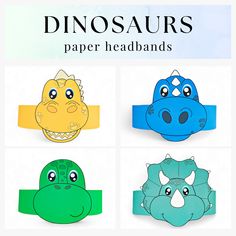 four different types of paper headbands with the words dinosaurs on each one