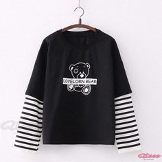 Qteee - Cozy Cartoon Bear Print Sweatshirt with Stylish Stripe Sleeves Cute Black T-shirt For Winter, Cute Black Long Sleeve Sweater, Cute Black Long Sleeve Tops, Cute Black Crew Neck Sweater, Cute Black Sweatshirt For Fall, Cute Black Fall Sweatshirt, Cute Black Sweatshirt With Letter Print, Teenage Girl Outfit, Letter Print Sweatshirt