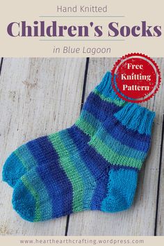 a pair of children's socks with the text, hand knitted children's socks in blue lagoon