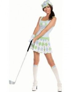 a woman in a golf outfit holding a club