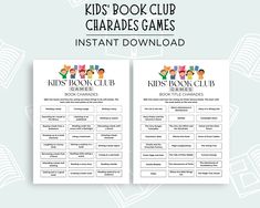 This Kids' Book Club Charades Game is a fun and engaging way to enhance your book club meetings! You can use the Charades game as a book club icebreaker, discussion starter, or as a fun way to strengthen the bond of your book club members. You will receive two versions of the kids' book club charades game. The Book Charades version has activities related to reading that are perfect for younger children. The Book Title Charades version has a variety of classic and popular children's books titles and is ideal for older children and those interested in more of a challenge. The children's book club Charades activity comes in 2 different sizes. The 8.5x11" size has one game per page. Or you can save paper and ink by using the half-sheet option that comes with two 5.5x8.5" games per page. Best o Book Club Games, Club Games, Charades Game, Popular Childrens Books, Kids Book Club, Book Club Meeting, Discussion Starters, Ice Breaker Games, Computer Paper