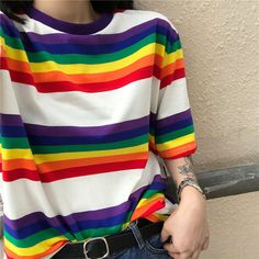 Free Size: Bust: 108 cm/ 42.2 in, Length: 69 cm/ 27.1 in, Sleeve: 44 cm/ 17.3 inMaterial: Polyester, Cotton Pride Wear, Rainbow Tee, Rainbow Outfit, Printed Matter, Rainbow Fashion, Pride Outfit, Grunge Look, Tokyo Fashion, Grunge Style