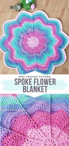 the crochet flower blanket pattern is shown in pink, blue and green colors