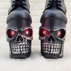 Rapture Black Skull & Bones 8" High Heel Platform Ankle Boots Lighted Eyes NY | Totally Wicked Footwear Strange Shoes, High Heel Platform Ankle Boots, Skull Heels, Fantasy Shoes, Crazy Heels, Skull Boots, Anatomy Bones, Skull Shoes, Skull Bones