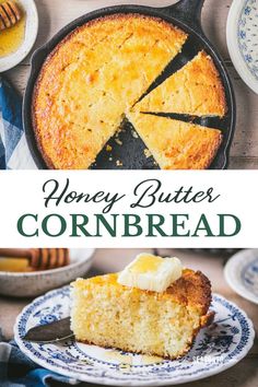 honey butter cornbread on a blue and white plate