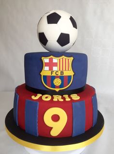 a three tiered cake with a soccer ball on top