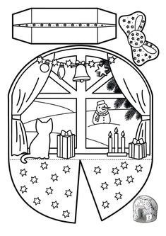 a coloring page with a cat and dog looking out the window at christmas decorations on display