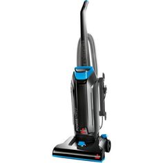 a blue and black vacuum cleaner on a white background