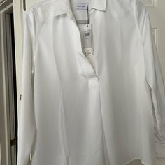 Long With Optional Roll Up Sleeve White Blouse Lightweight Cardigan Summer, Work Tank Tops, Calvin Klein White, Purple Blouse, Calvin Klein Woman, Roll Up Sleeves, Half Zip Pullover, Blouse White, Calvin Klein Black