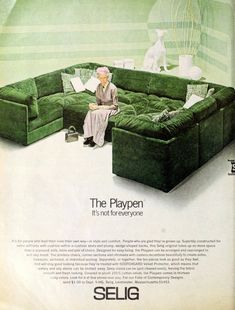 an advertisement for selig furniture with a man sitting on the couch in front of it