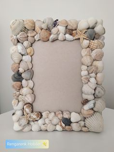 a frame made out of seashells and shells