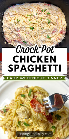 chicken spaghetti in a skillet with text overlay