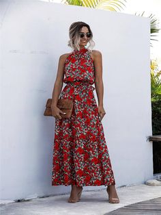 Floral Print Halter Strapless Long Dress Halter Tie Dress, Flower Print Midi Dress, Tied Dress, Yellow Sundress, Floral Print Dress Long, Floral Halter Dress, Tie Neck Dress, Sleeveless Dress Summer, Midi Dress Casual