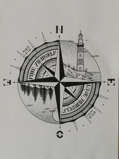 a drawing of a compass and lighthouse