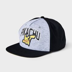 For a cool, comfortable look, your child will love sporting this Pokémon Pikachu Flat Brim Hat. Made from midweight fabric for comfortable wear, this baseball hat is designed with a flat brim to shield their eyes from direct sun rays. Best of all, it features an adjustable back snap closure to help them find the best fit. Featuring a colorblock design with a black rim and back panels, it features a Pikachu print on a gray front panel for a fan-favorite look. Playful Adjustable Hat For Streetwear, Playful Adjustable Streetwear Hat, Fun Black Cotton Baseball Cap, Playful Black Baseball Cap With Curved Brim, Playful Snapback Baseball Cap For Streetwear, Fun Black Snapback Hat For Outdoor, Playful Sports Baseball Cap, Black Baseball Cap For Streetwear, Playful Snapback Baseball Cap For Sports