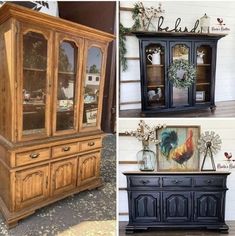 three different pictures of an old china cabinet