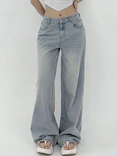 Women's Loose Fit Casual Denim Wide Leg Pants With Pockets Light Wash    Denim Plain Wide Leg Non-Stretch  Women Clothing, size features are:Bust: ,Length: ,Sleeve Length: Outfits Jeans, Light Wash Denim, Women Denim Jeans, Casual Denim, Wide Leg Denim, Colorful Leggings, Denim Women, Denim Jeans, Wide Leg Pants