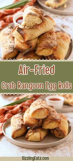 an egg roll is stacked on top of each other with the words air - fried crab rangoon egg rolls