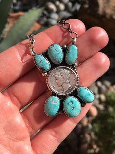 The Aggie Mercury Dime Necklace, 1-Necklaces-Calli Co., Turquoise and Silver Jewelry, Native American Handmade, Zuni Tribe, Navajo Tribe, Brock Texas Link Chain, Choker, Stamp, Turquoise, Sterling Silver, Chain, Pendant, Silver